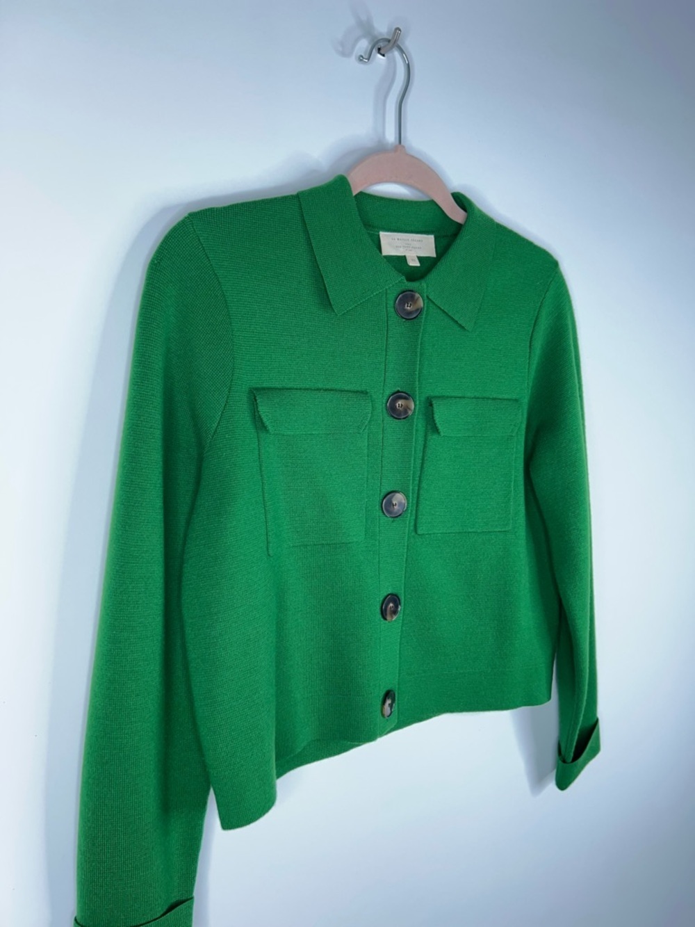 Sezane Betty Cardigan Jacket Bright Green Button-Front Merino Wool Size XS - Picture 4 of 11